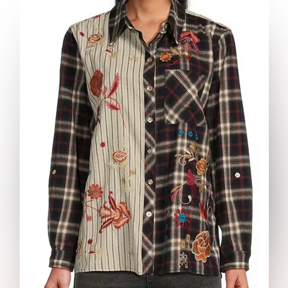 John mark cotton embroidered button front shirt